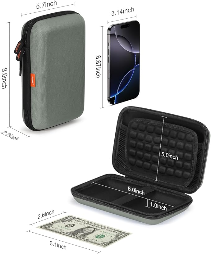 Gray-Green Hard Shell Carrying Case for External Hard Drive, Hard Disk, Power Bank, Charger, Cable, Cell Phone, Electronic Accessories - Larger Capacity Storage Pouch Shockproof Travel Case Bag - Image 3