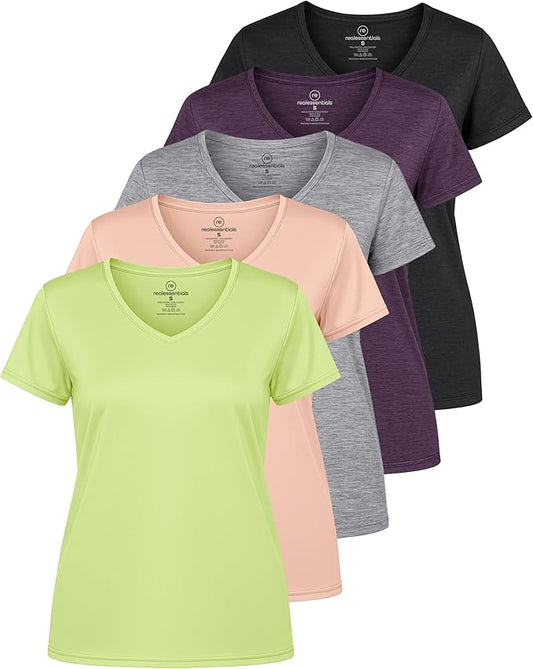 5 Pack Women's Dry Fit V Neck Workout Tops T Shirts Athletic Gym Yoga Tees | Available In Plus Size, Cooling Moisture-Wicking, Short Sleeve, Quick-Dry, Fitness, Stretch, Exercise, Running, Hiking by RealEssentials