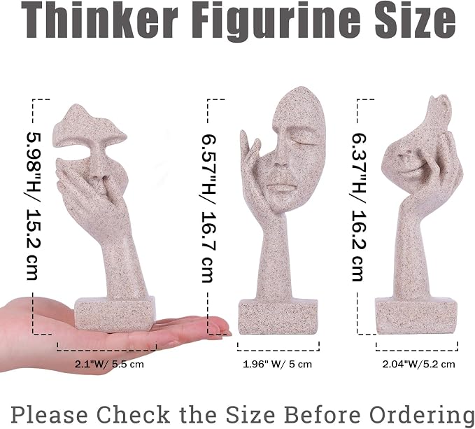 3 Pcs Thinker Statue - Resin Art Abstract Home Accent Figurines for Decor Apartment Bookshelf Floating Shelf Living Room Coffee Table Office Desk Counter Decor (3 Pcs Sandstone, 6") - Image 3