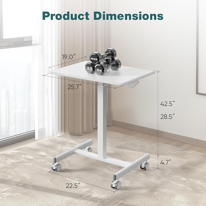 DUMOS Mobile Rolling Desk with Wheels Adjustable Height | Small Standing Desks Portable Laptop PC Table, Computer Workstation for Home Office Small Space, White - Image 3