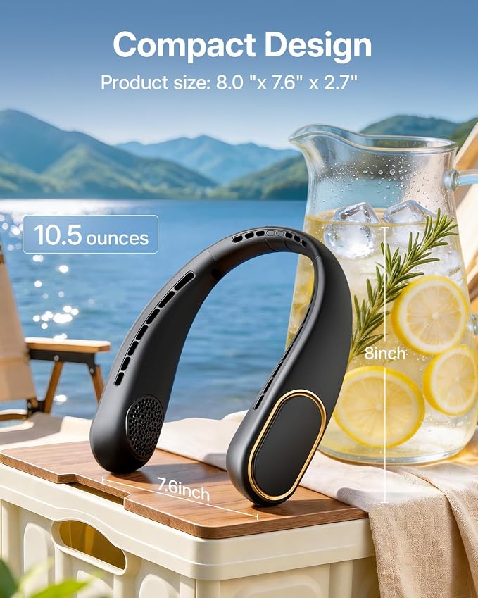 SHEWIND Portable Neck Fan - 5000mAh Rechargeable Hands-Free Wearable Fan | 4 Speeds, Bladeless & LED Display | Personal Cooling Fan for Travel, Outdoors, Camping - Black - Image 5