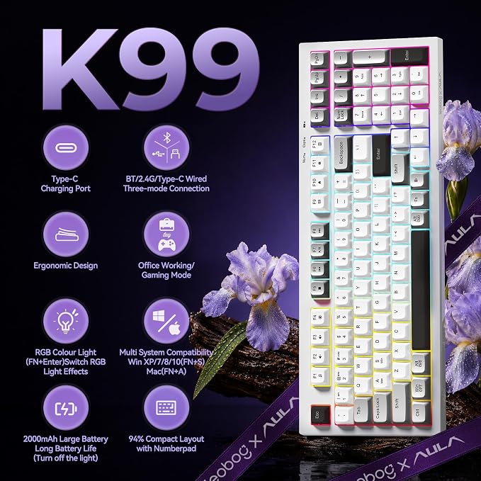 LEOBOG x Aula Wireless Keyboard 98 Keys Membrane Computer Keyboards | Silent Keyboard, 2000mAh Creamy Keyboard with Number Pad, Tri-Mode BT/2.4GHz/USB-C Connection for PC MAC Office Dorm Rooms - Image 2