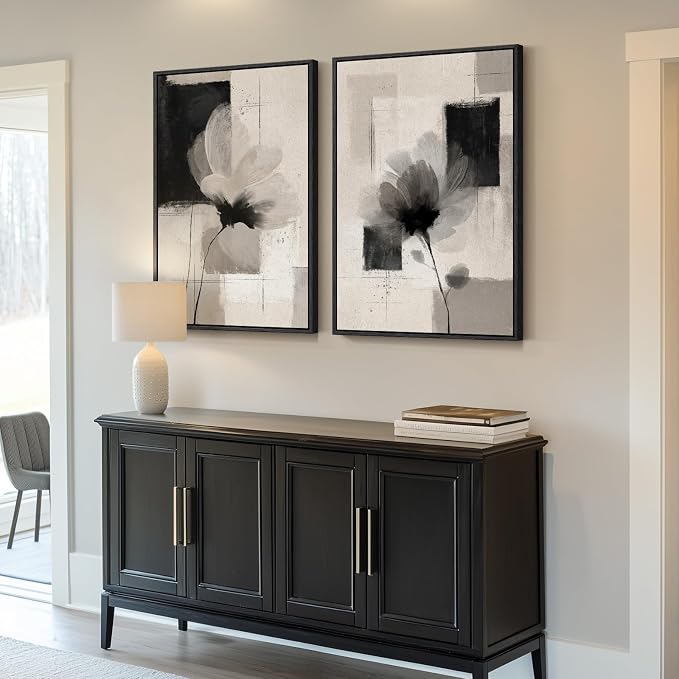 Large Framed Neutral Abstract Floral Wall Art, Set of 2 Black and Beige Modern Canvas Prints Paintings Artwork for Walls, Minimalist Pictures for Living Room, Dining Room, Bedroom Wall Decor 24x36 In - Image 2