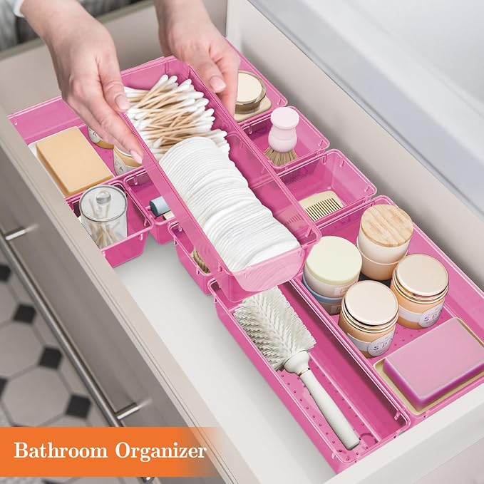 SpaceHacks 25 PCS Plastic Drawer Organizer Set, 4-Size Versatile Organizer Trays & storage Bins for Makeup, Jewelry, and Gadgets in Bathroom, Bedroom and Office, Clear Pink - Image 6