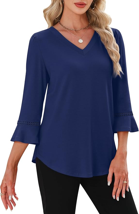 WIHOLL Womens Blouses Dressy Casual 3/4 Length Sleeve Tops Lace Trendy 2026 Spring Summer V Neck Shirts Vacation Outfits - Image 3