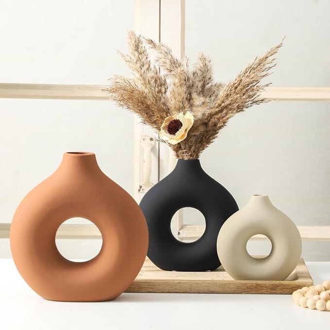 Vanselia Ceramic Vase Home Table Decor - Flower Vases Set of 3 Small Living Room Centerpiece Decorations for Shelf Bedroom Office Kitchen Dining Desk Modern Aesthetic Farmhouse Decorative (Rust) - Image 7