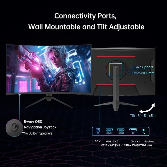 KTC 32 Inch Curved Gaming Monitor, FHD 1080p 165Hz Curve Monitor, H32S17C | 1500R, 1ms MPRT, Adaptive Sync, 122% sRGB, DP/HDMI, Tiltable, Eye Care, VESA, HDR10 for Gaming Home Office Business - Image 5