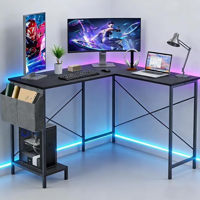 L Shaped Desk, 50 Inch Reversible Computer Desk Corner Gaming Table with CPU Stand & Storage Bag, Sturdy Metal Frame PC Workstation for Home Office, Black Wood | Storage Bag, Black Corner Gaming Table, Sturdy Metal Frame, PC Workstation for Home Office - Image 2