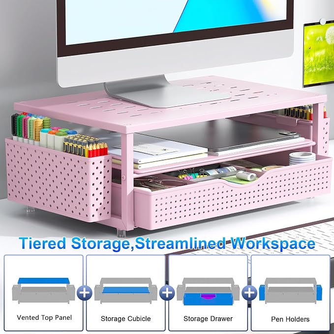 gianotter Desk Organizers and Accessories, Monitor Stand with Drawer and 2 Pen Holder, Desktop Organizer Suitable for Offices and Dormitories (Pink) - Image 2