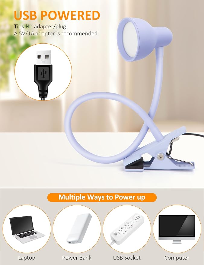 LiFMIRA Desk Lamp Clip on Lamp for Bed, LED Reading Light for Bed Purple | 3 Colors 10 Dimmable Brightness, LED Book Light for Reading in Bed Flexible Clip on Light Clamp Lamp for Bed Headboard Desk - Image 7