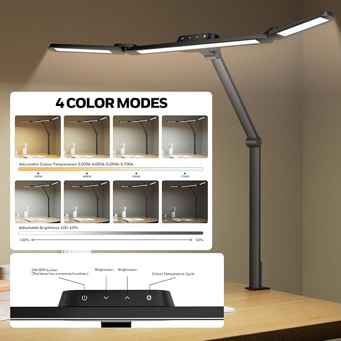 Honeywell Wide Desk Lamp with Clamp for Dual Monitors, 22W Full-Spectrum Eye-Caring LED Desk Lamp for Home Office, 3-Section Adjustable Architect Light for Large Desk, Stepless Dimming, 3000K-5700K - Image 6