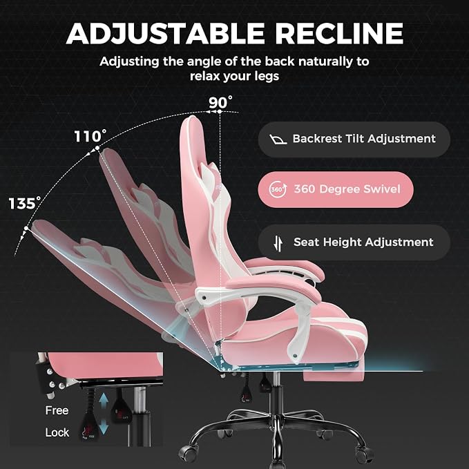 GTPLAYER Gaming Chair, Computer Chair with Footrest and Lumbar Support, Height Adjustable Game Chair with 360°-Swivel Seat and Headrest and for Office or Gaming (Faux Leather, Pink) - Image 7