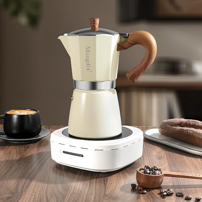 Mongdio Stovetop Espresso Maker Moka Pot, Cuban Coffee Maker Stove top coffee maker Moka Italian Espresso Greca Coffee Maker Brewer Percolator, 9 Espresso Cups, 15 oz - White - Image 8