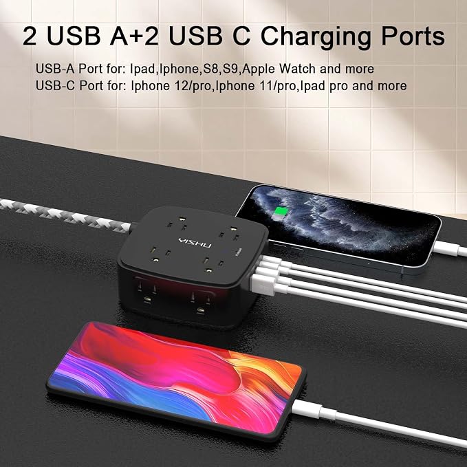 Surge Protector Power Strip - YISHU 8 Outlets with 4 USB (2 USB C) Charging Ports, 10Ft Braided Extension Cord, Flat Plug Multi Plug Outlet Extender Charging Station for Home Office, ETL, Black - Image 3