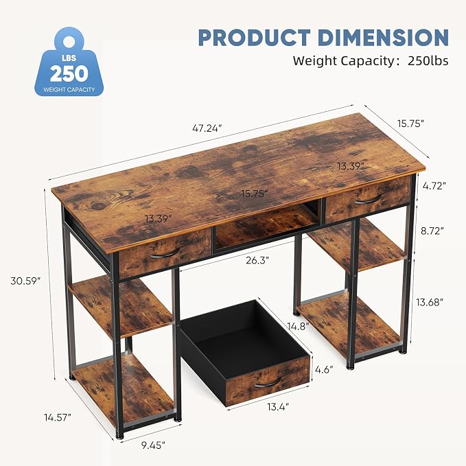 DUMOS 48-Inch Computer Desk with Drawers, Hook and Side Bag, Brown | Home Office Desk for Bedroom, Gaming Writing Study Desk with Adjustable Feet - Image 3