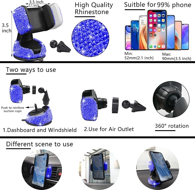NBTEPEM 27 PCs Blue Bling Car Accessories Set for Women, Steering Wheel Covers Universal Fit 15 Inch, Bling License Plate Frame, Bling Phone Holder, Bling Car Coasters (Blue Diamond) - Image 5