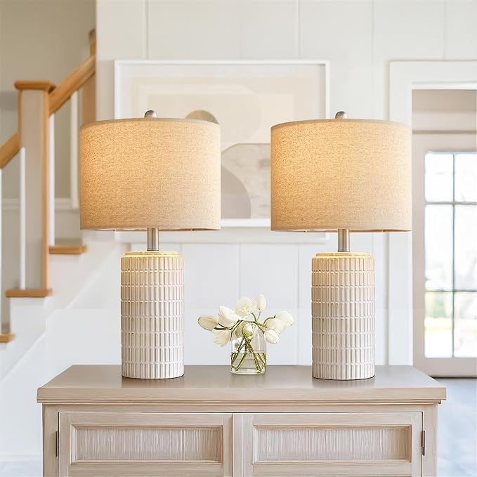 PoKat 24" Modern Ceramic Table Lamps Set of 2 for Bedroom, White Bedside Lamps for Night Stands, Farmhouse Desk Decor Nightstand Table Lamps for Living Room End Table Beige - Image 6