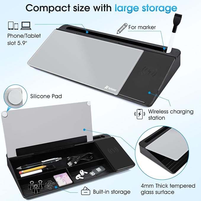 Varhomax Glass Desk Whiteboard with Wireless Charger, Desktop Organizer Dry Erase White Board with Storage, to Do List Memo Notepad for Home and Office Supplies (Black & Gray) - Image 6