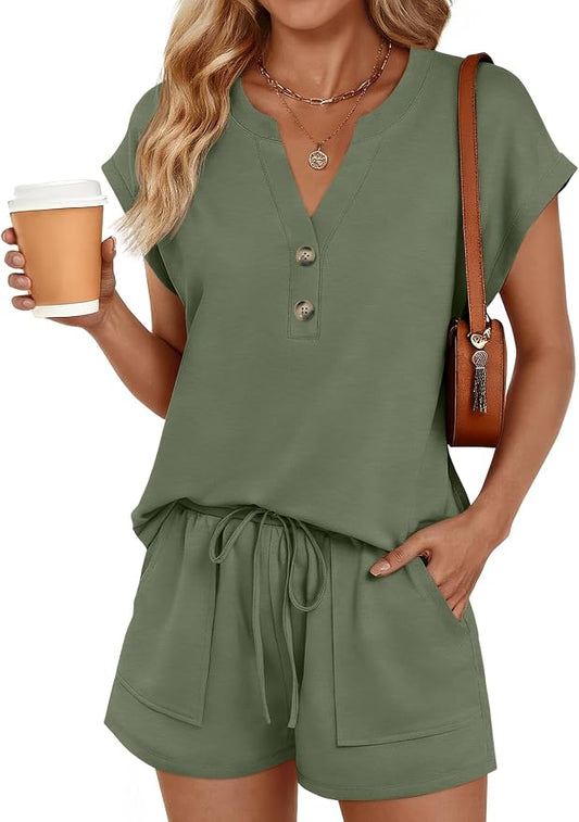 LILLUSORY 2 Piece Summer Set 2026 Henley Top & Drawstring Shorts with Pockets by Lillusory