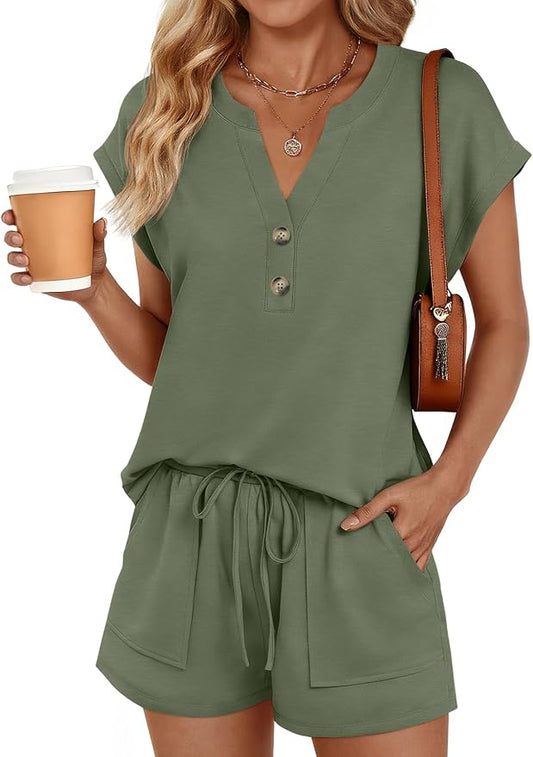 LILLUSORY 2 Piece Summer Set 2026 Henley Top & Drawstring Shorts with Pockets by Lillusory