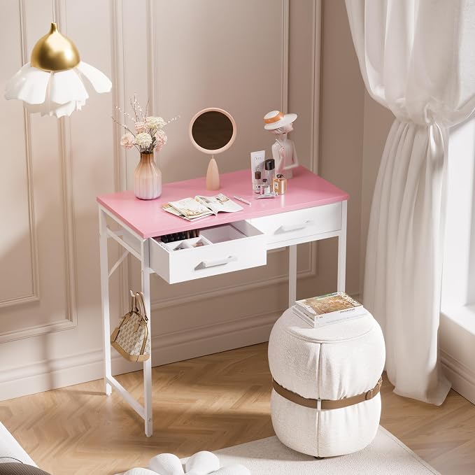 Pamray 32 Inch Small Computer Desk with 2 Drawers for Bedroom Study Writing Home Office Table for Small Spaces Pink - Image 2