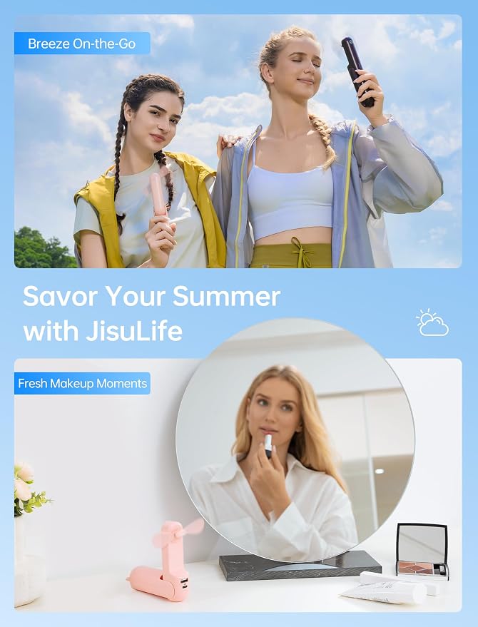 JISULIFE 3 IN 1 Handheld Mini Fan - Portable Fan & Power Bank & Flashlight, 19H Max Cooling, USB Rechargeable, Pocket-Sized for Travel, Cruise, Concerts, Makeup, 2026 Summer Gifts for Women(Pink) - Image 7