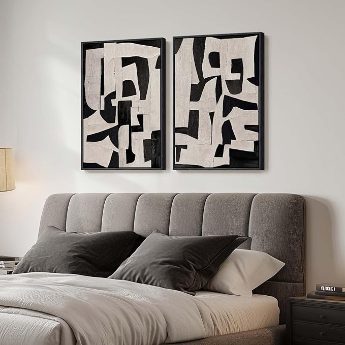 Large Framed Black and Beige Abstract Wall Art, Set of 2 Piece Minimalist Canvas Paintings Artwork for Walls, Modern Art Prints Pictures for Living Room Hallway Dining Room Bedroom Office Wall Decor by Cuspin