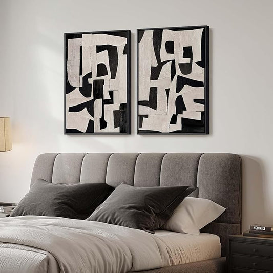 Large Framed Black and Beige Abstract Wall Art, Set of 2 Piece Minimalist Canvas Paintings Artwork for Walls, Modern Art Prints Pictures for Living Room Hallway Dining Room Bedroom Office Wall Decor by Cuspin