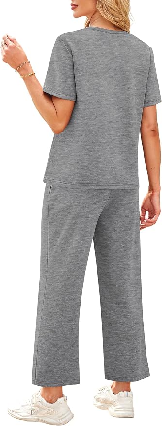 WIHOLL 2 Piece Sets for Women Casual Summer Travel Vacation Outfits Short Sleeve Wide Leg Crop Pants Lounge Sets - Image 5