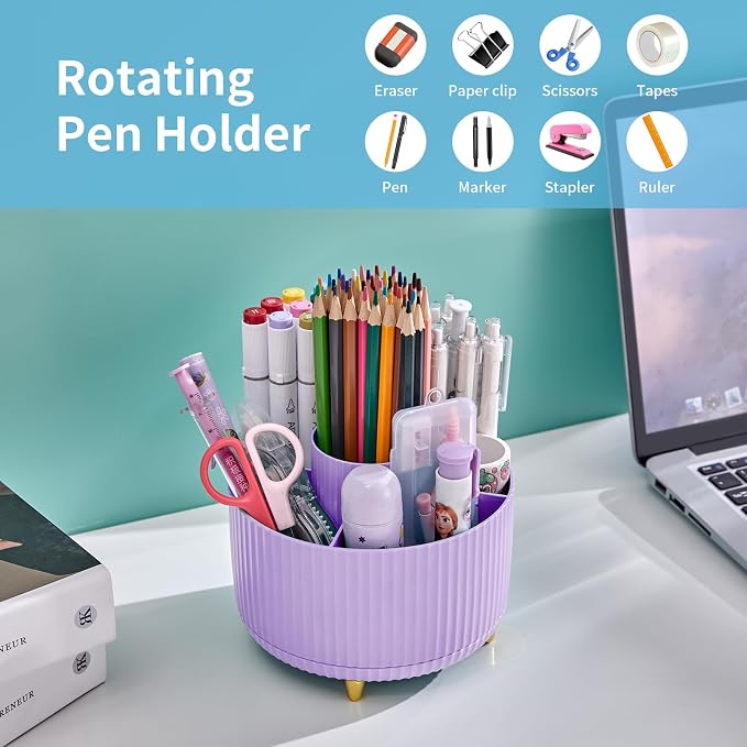 Marbrasse Desk Organizer, 360-Degree Rotating Pen Holder, Desk Organizers and Accessories with 5 Compartments Pencil Holder, Art Supply Storage Box Caddy for Office, Home（Purple） - Image 2