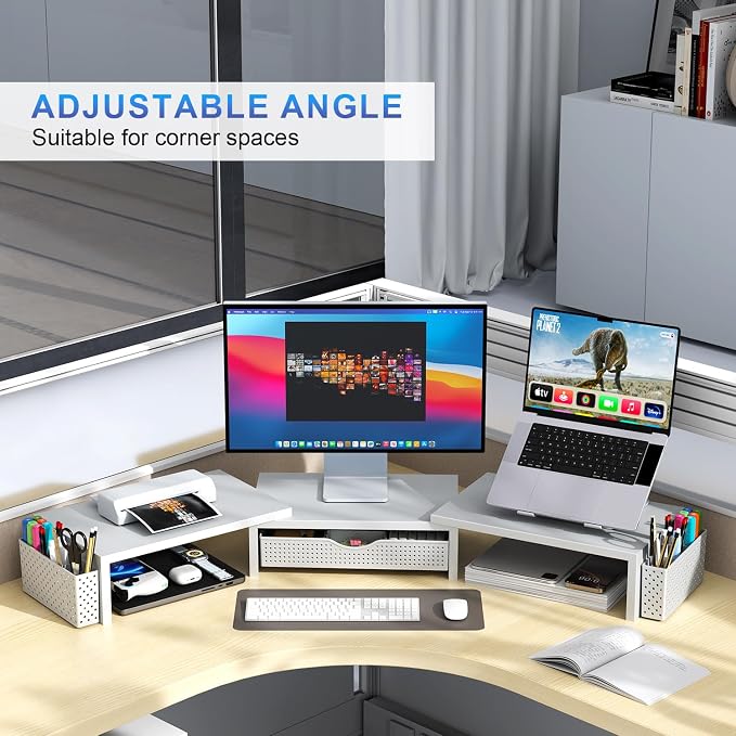 gianotter Dual Monitor Stand Riser, Desk Organizer With Drawer and 2 Pen Holders, Monitor Stand for Desk, Office Decor Essentials (White) - Image 4