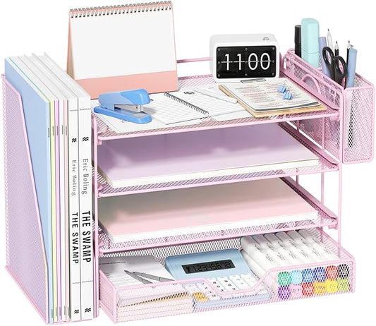 OPNICE Desk Organizers and Accessories, 4-Tier Desktop File Organizer with Drawer and Pen Holders, Office Desk Accessories Workspace Organizers for Office Supplies (Pink) by OPNICE