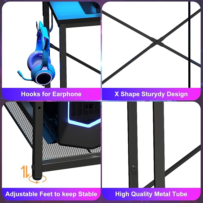 X-cosrack 33.5" Small Gaming Desk with LED Lights & Power Outlets, Compact Computer Desk with Monitor Stand & CPU Stand, Gamer Table with Storage Drawer, Side Hooks for Home Office, Bedroom, Black - Image 8