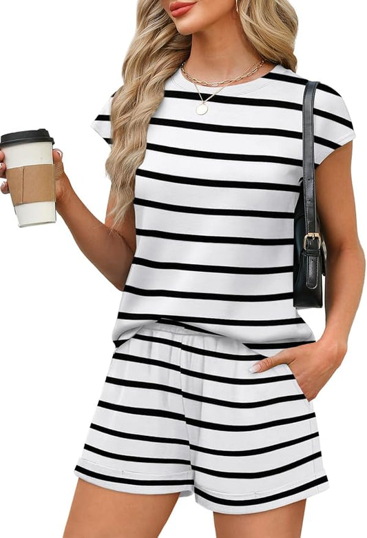 WIHOLL 2 Piece Sets for Women Casual Summer Travel Vacation Outfits Cap Sleeve Shorts Lounge Set by WIHOLL