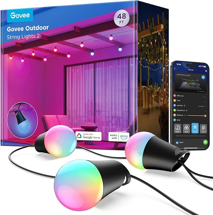Govee Smart Outdoor String Lights 2, 48ft RGBIC Patio Lights with 15 Bulbs | Dimmable Warm White LED Bulbs, IP65 Waterproof, 47 Scene Modes for Backyard, Balcony, Work with Alexa, App Control by Unknown