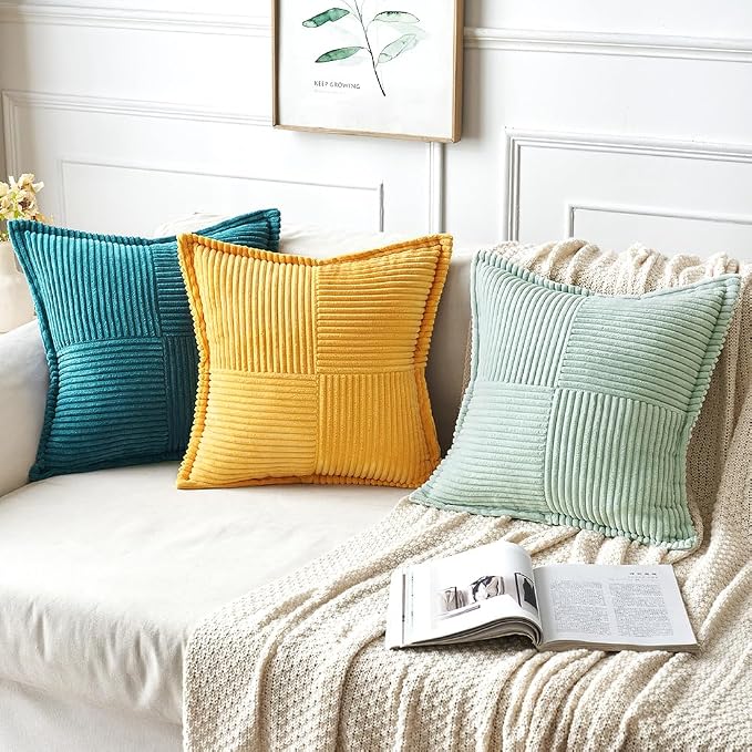 MIULEE Spring Decorative Throw Pillow Covers for Couch Bed Livingroom 16x16 Inch Set of 2 Light Green Boho Accent Throw Pllows Broadside Striped Patchwork Soft Corduroy Summer Pillowcases - Image 5
