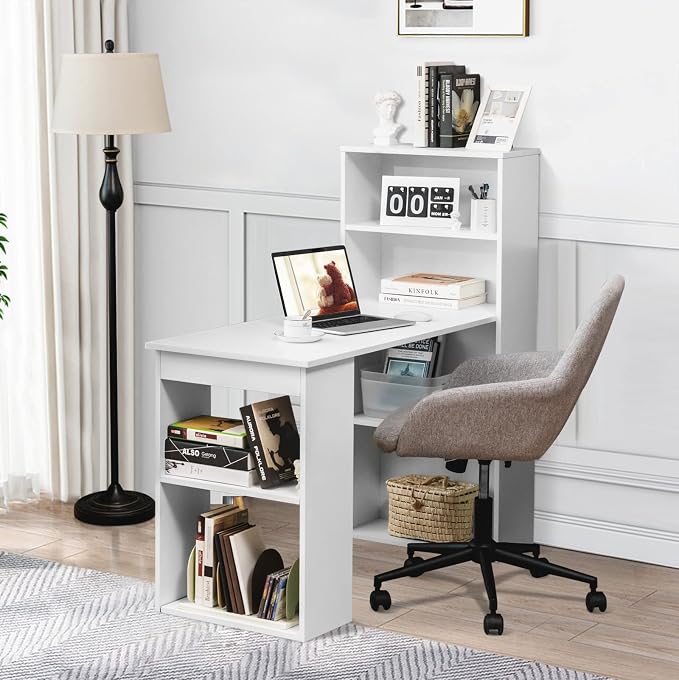 GRAFFY Computer Desk with 6 Storage Shelves - 48" Reversible Writing Desk Workstation with Bookshelf and CPU Stand, Modern Compact Office Desk for Bedroom, Study, Home, Office (White) by BUYNOW