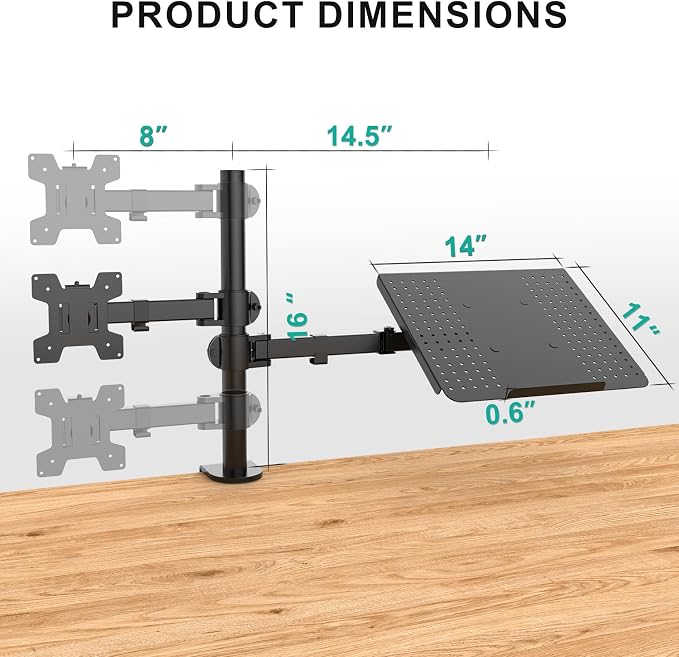 WALI Dual Arm Laptop and Monitor Desk Mount for 17" Notebook and Up to 27" Screen, Fully Adjustable Monitor Arm with Laptop Tray, VESA 75x75 100x100, Holds up to 22 lbs, Black (M001LP) - Image 6