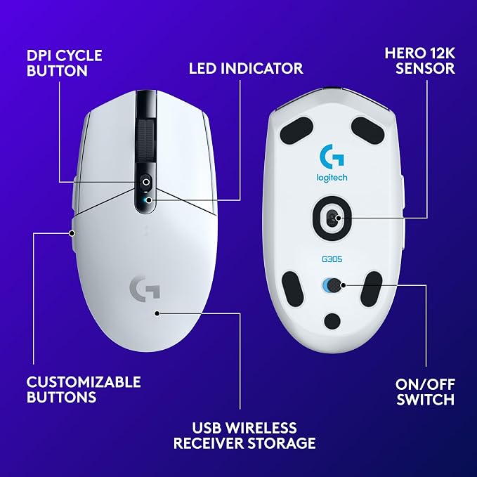 Logitech G305 Lightspeed Wireless Gaming Mouse - White | 12,000 DPI, Lightweight, 6 Programmable Buttons, 250h Battery, On-Board Memory, Compatible with PC and Mac - Image 6