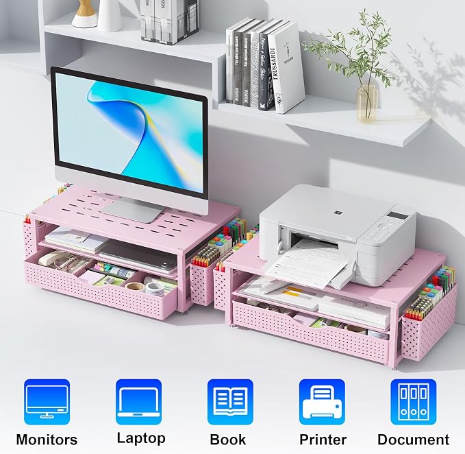 gianotter Desk Organizers and Accessories, Monitor Stand with Drawer and 2 Pen Holder, Desktop Organizer Suitable for Offices and Dormitories (Pink) - Image 8