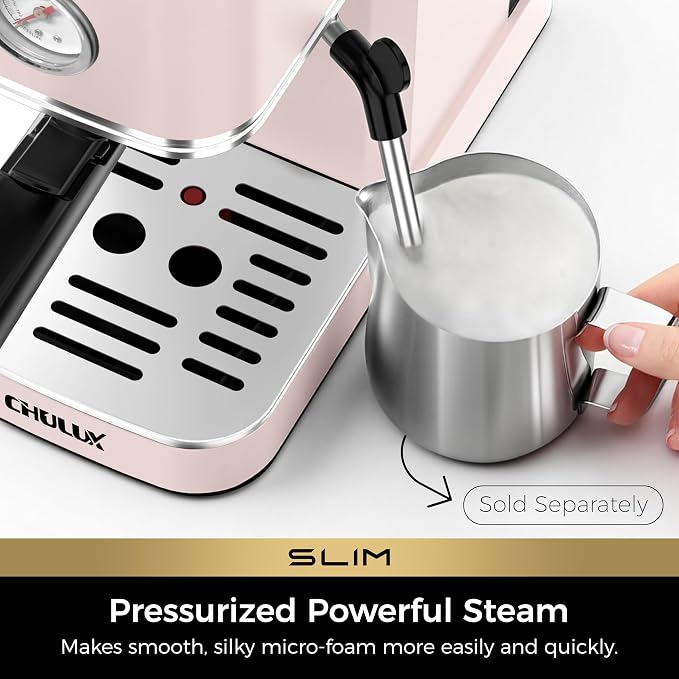 CHULUX Slim Espresso Machine with Milk Frother for Home Cappuccino, Pink | Precise Pressure Gauge, Food-Grade Materials, 20 Bar Italian Pump, Professional Temperature Control System, Stainless Steel - Image 3