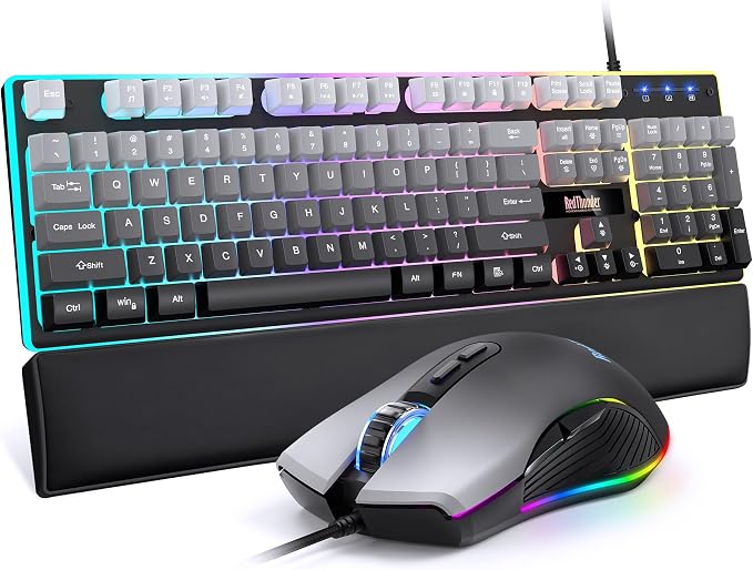 RedThunder K10 Wired Gaming Keyboard, Mouse Wrist Rest Combo, RGB Backlit, Mechanical Feel Anti-ghosting Keyboard + 7D 7200 DPI Mice+Soft Leather Wrist Rest 3 in 1 PC Gamer Accessories(Gradient Gray) by RedThunder