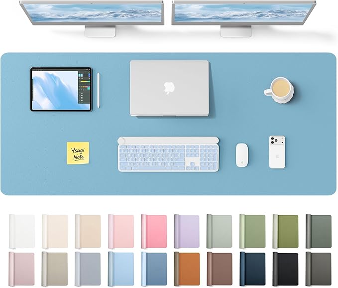 YSAGi Leather Desk Pad Protector, Office Desk Mat, Large Mouse Pad, Non-Slip PU Leather Desk Blotter, Laptop Desk Pad, Waterproof Desk Writing Pad for Office and Home (Sea Blue,55" x 17.2") by YSAGi