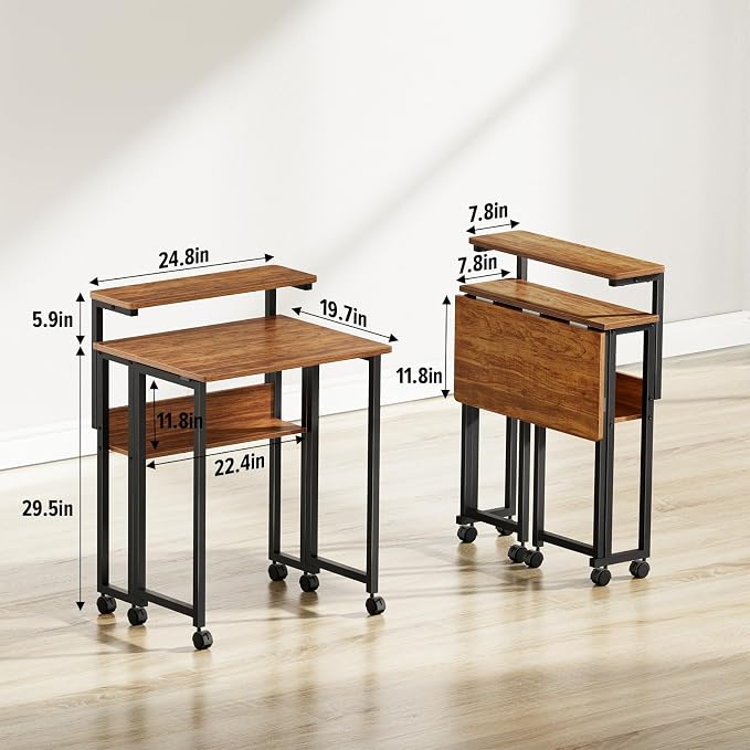 GreenForest Folding Desk with Adjustable Monitor Stand, 24.8 in Small Desk | Storage Shelf, Lockable Wheels, Portable, Space Saving, Mobile Rolling Table for Small Spaces, Home Office, Writing, Walnut - Image 3