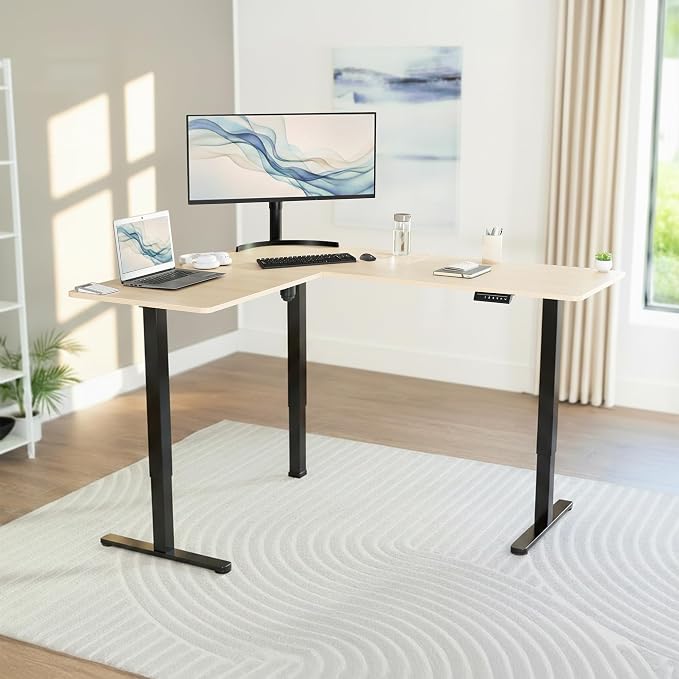 VIVO Light Wood 63 x 55 in Corner Standing Desk, DESK-E3CTBC | Electric, Reversible L-Shaped Table, Sit Stand, Height Adjustable, Memory Controller, Office Furniture Sets, Black Frame - Image 2
