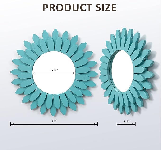 Honiway Beach Wall Decor Mirror 12 inch Wood Coastal Wall Decor Sunburst Boho Home Decor Room Decor for Bedroom Living Room Bathroom Cyan - Image 7