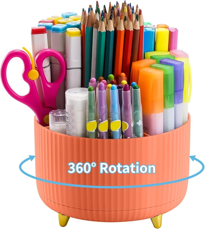 Marbrasse Desk Organizer, 360-Degree Rotating Pen Holder, Desk Organizers and Accessories with 5 Compartments Pencil Holder, Art Supply Storage Box Caddy for Office, Home（Orange） by Marbrasse