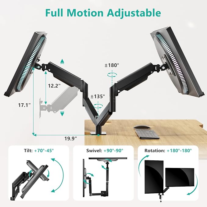 WALI Dual Monitor Mount for 13-27 inch Screens, Dual Monitor Arms for 2 Monitors Holds 19.8 lbs, Adjustable Dual Monitor Stand for Desk, VESA Mount 75x75/100x100mm (GSMP002), Black - Image 3