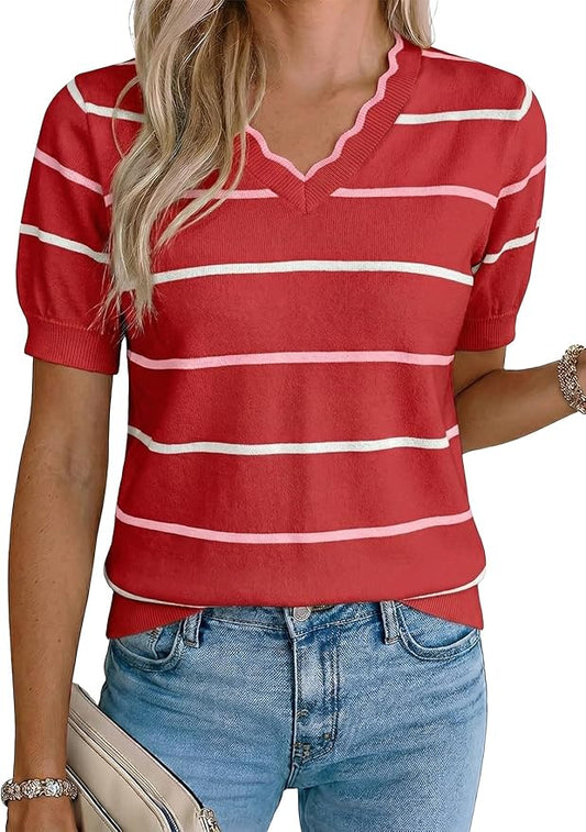 Dokotoo Womens Summer Short Sleeve Knit Tops 2026 Spring Trendy Casual V Neck Striped Sweater Blouses by Dokotoo