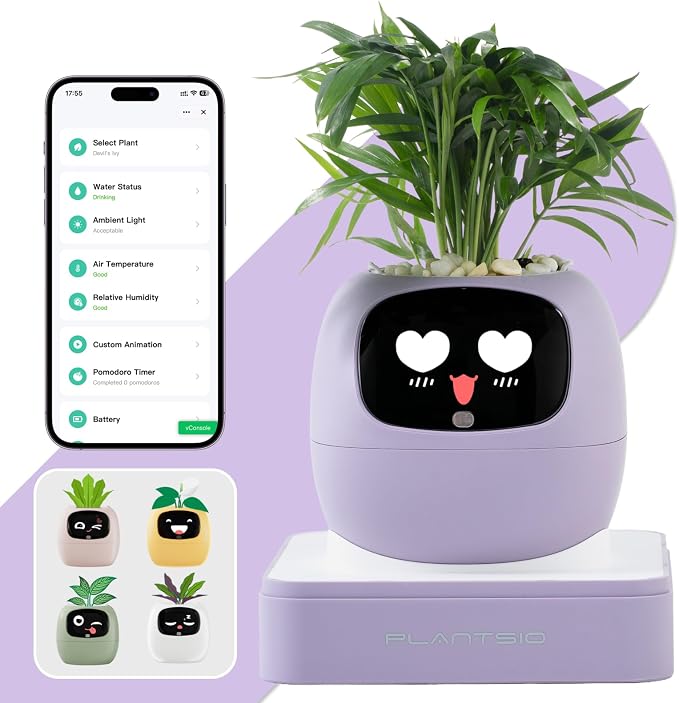Smart Plant Pot with Visual Display – Soil Moisture, Water Level, Light & Battery Monitor, 80ml Self-Watering Reservoir, Supports 50+ Plants, Pomodoro Timer, Clock & Calendar (Purple) by PlantsIO